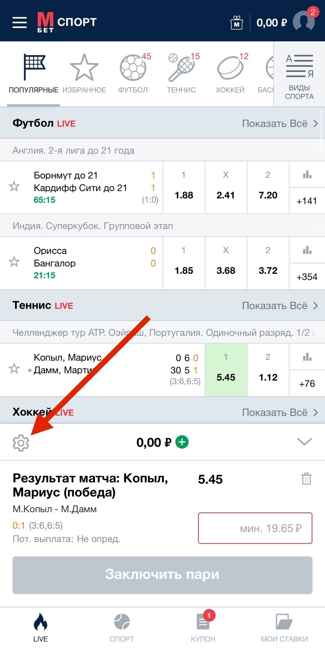 Меню настроек пари в «Марафон»